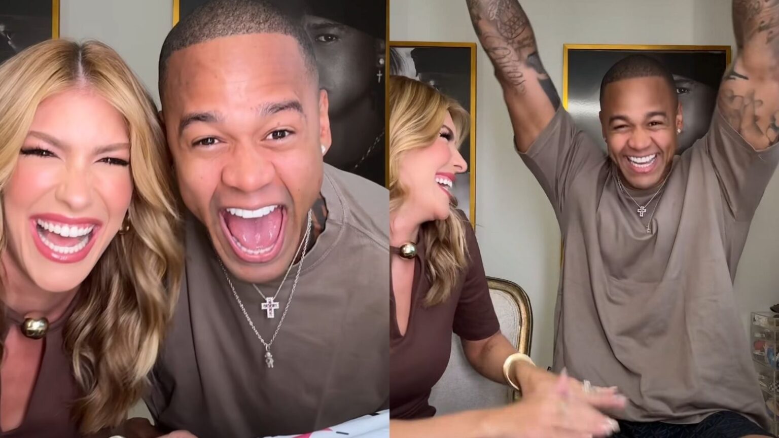 Lore Improta e Léo Santana comemoram com sorrisos e abraços após anúncio da segunda gravidez, em vídeo publicado nas redes sociais.