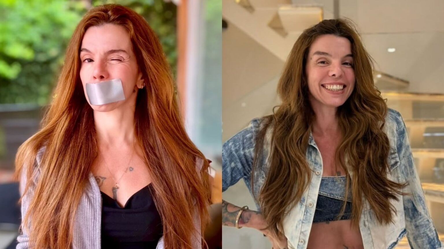 Penélope Nova elogia Brasil Paralelo e é ‘detonada’ nas redes; entenda o caso Penélope Nova aparece em montagem com duas fotos; à esquerda, posa com fita adesiva na boca, e à direita, sorri usando jaqueta jeans e top.