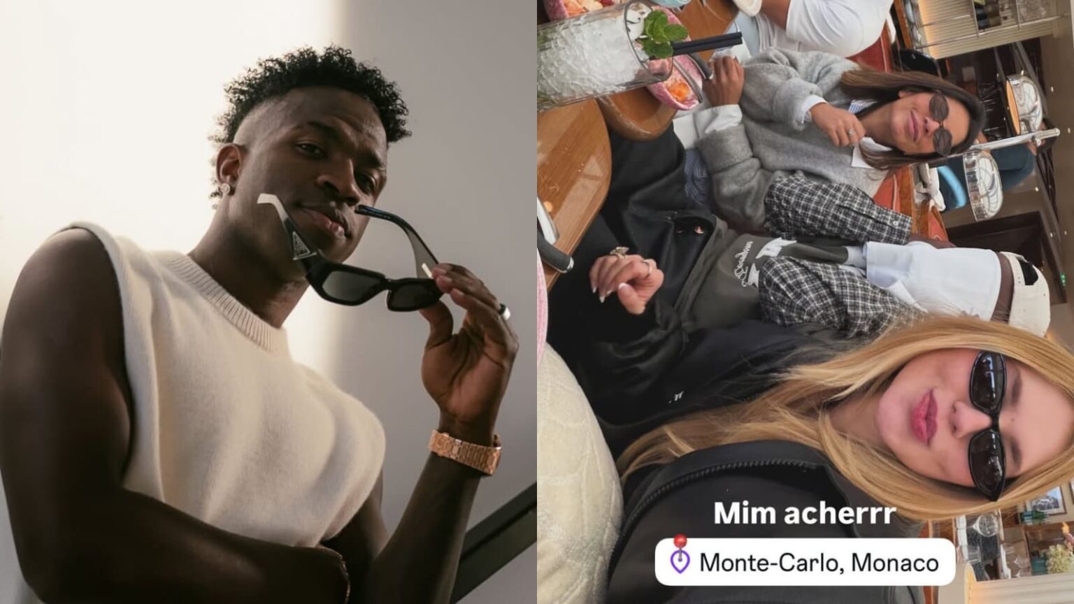 Vini Jr. posa com óculos escuros e Virginia Fonseca faz selfie ao lado do jogador em restaurante de Monte Carlo, em Mônaco.