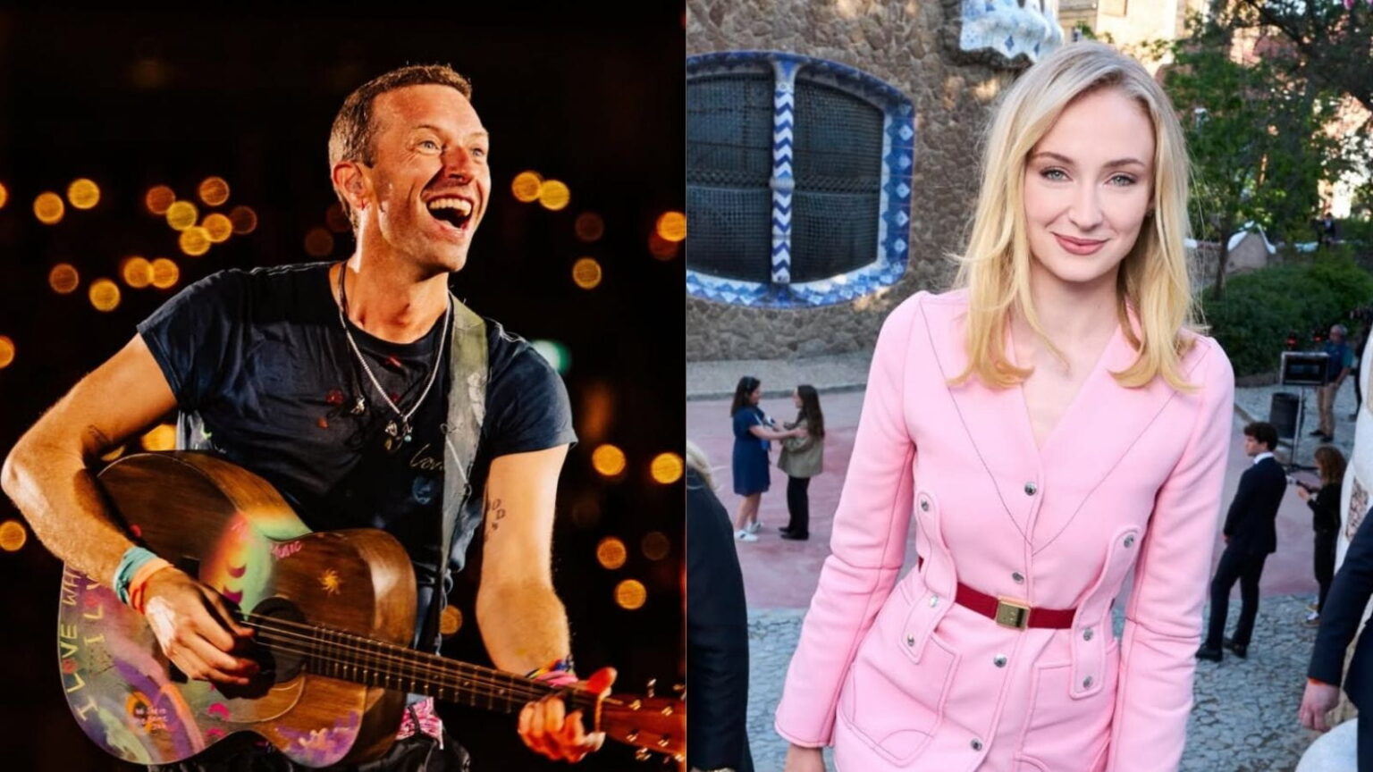 Chris Martin e Sophie Turner vivem novo romance em Londres, revela colunista Chris Martin sorri enquanto toca violão durante show do Coldplay; ao lado, Sophie Turner posa com look rosa em evento ao ar livre.