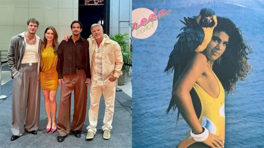 Marcello Novaes, Letícia Spiller e os filhos Pedro e Diogo posam juntos em bastidores de gravação especial; à direita, registro antigo de Sheyla Beta em ensaio fotográfico à beira-mar