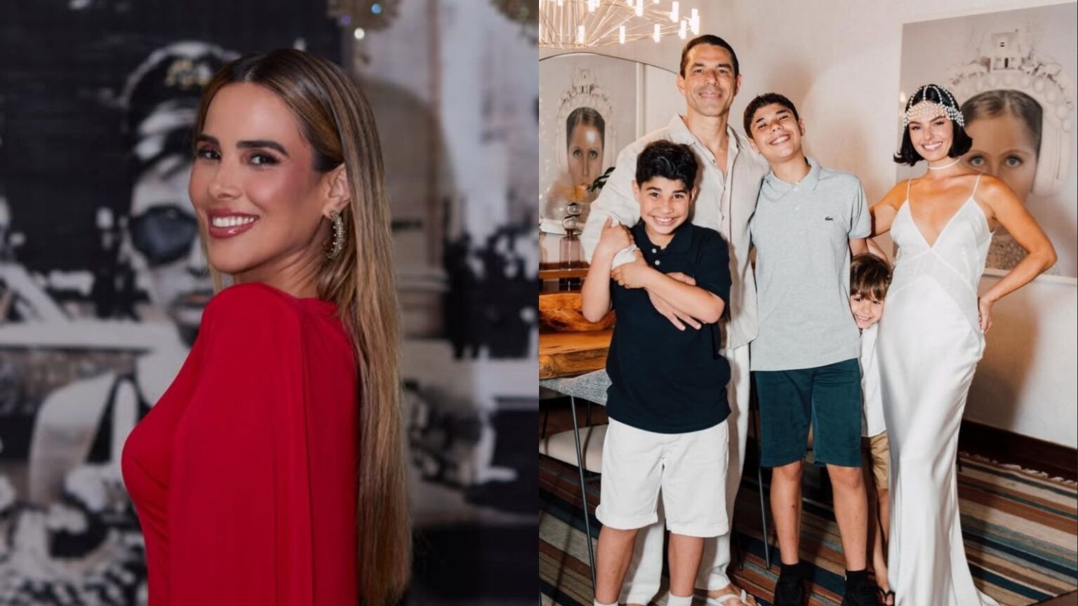 Wanessa Camargo sorri em evento, enquanto Marcus Buaiz e Isis Valverde posam com José Marcus e João Francisco em registro familiar