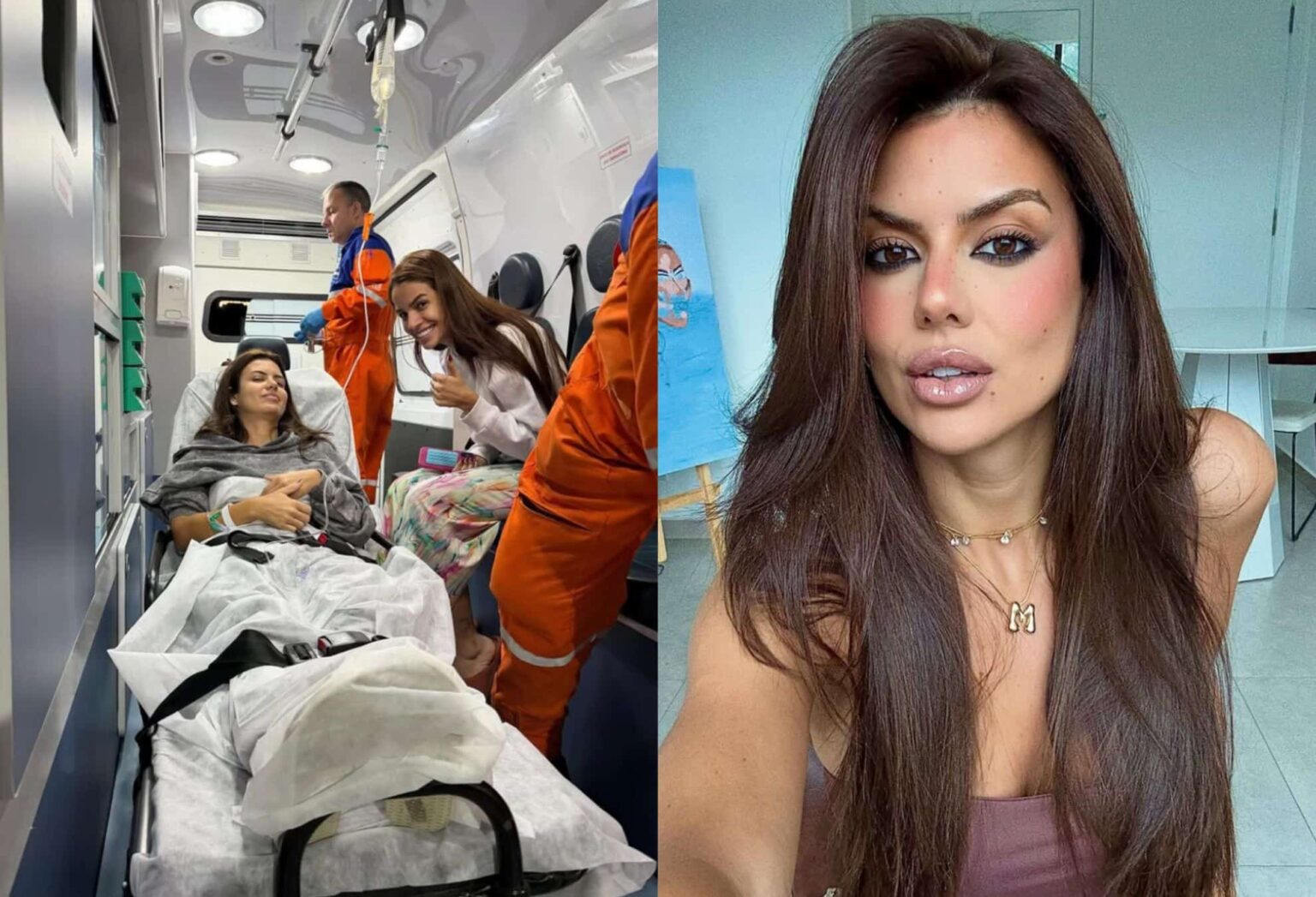 Mayara Cardoso é atendida em ambulância e, ao lado, aparece em selfie publicada nas redes sociais