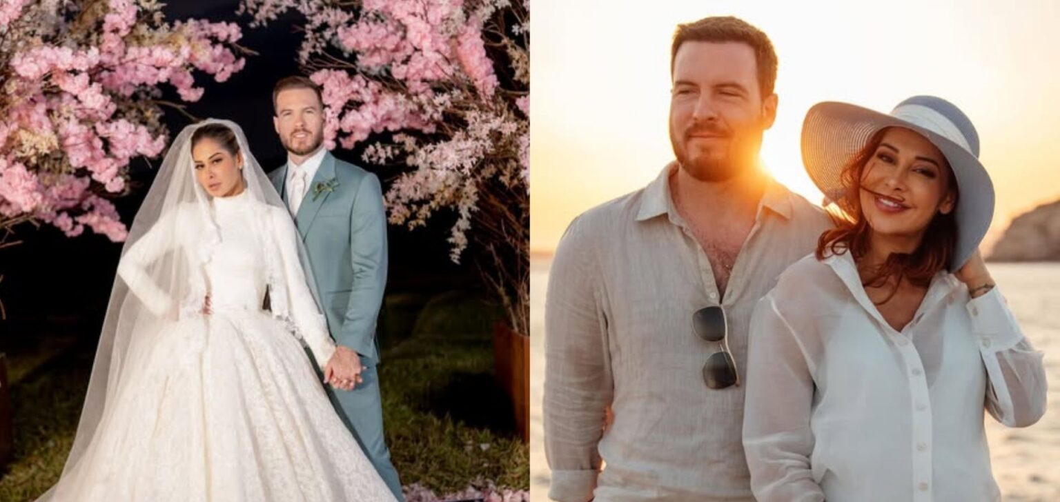 Maíra Cardi e Thiago Nigro aparecem em dois momentos, um durante o casamento com trajes formais e outro em viagem ao pôr do sol, sorrindo juntos