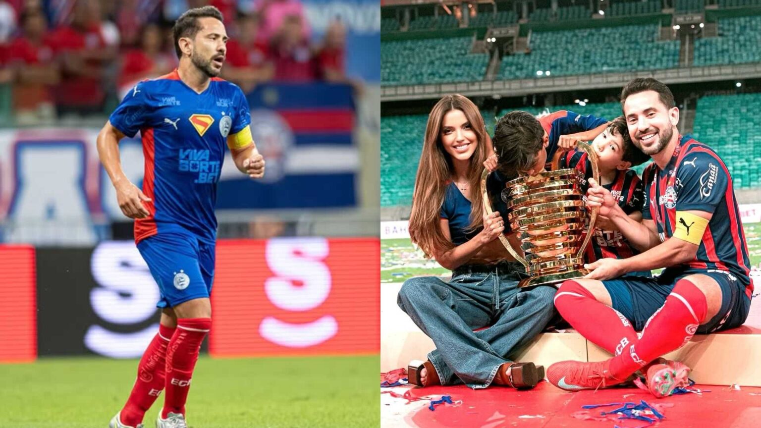 Everton Ribeiro em campo pelo Bahia e ao lado da família segurando troféu após conquista