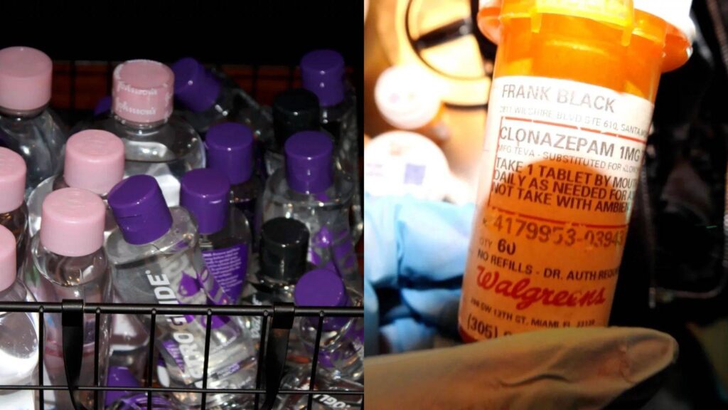 Frascos de lubrificante íntimo e frasco de clonazepam em evidência durante investigação do caso P. Diddy