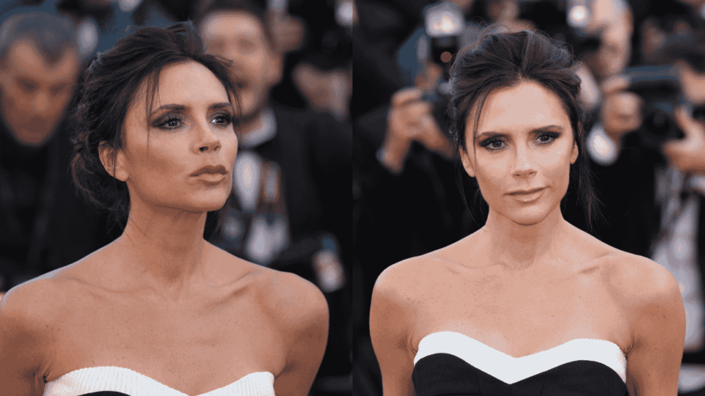 Montagem com duas fotos de Victoria Beckham em um evento de tapete vermelho, usando um vestido preto e branco e maquiagem elegante.