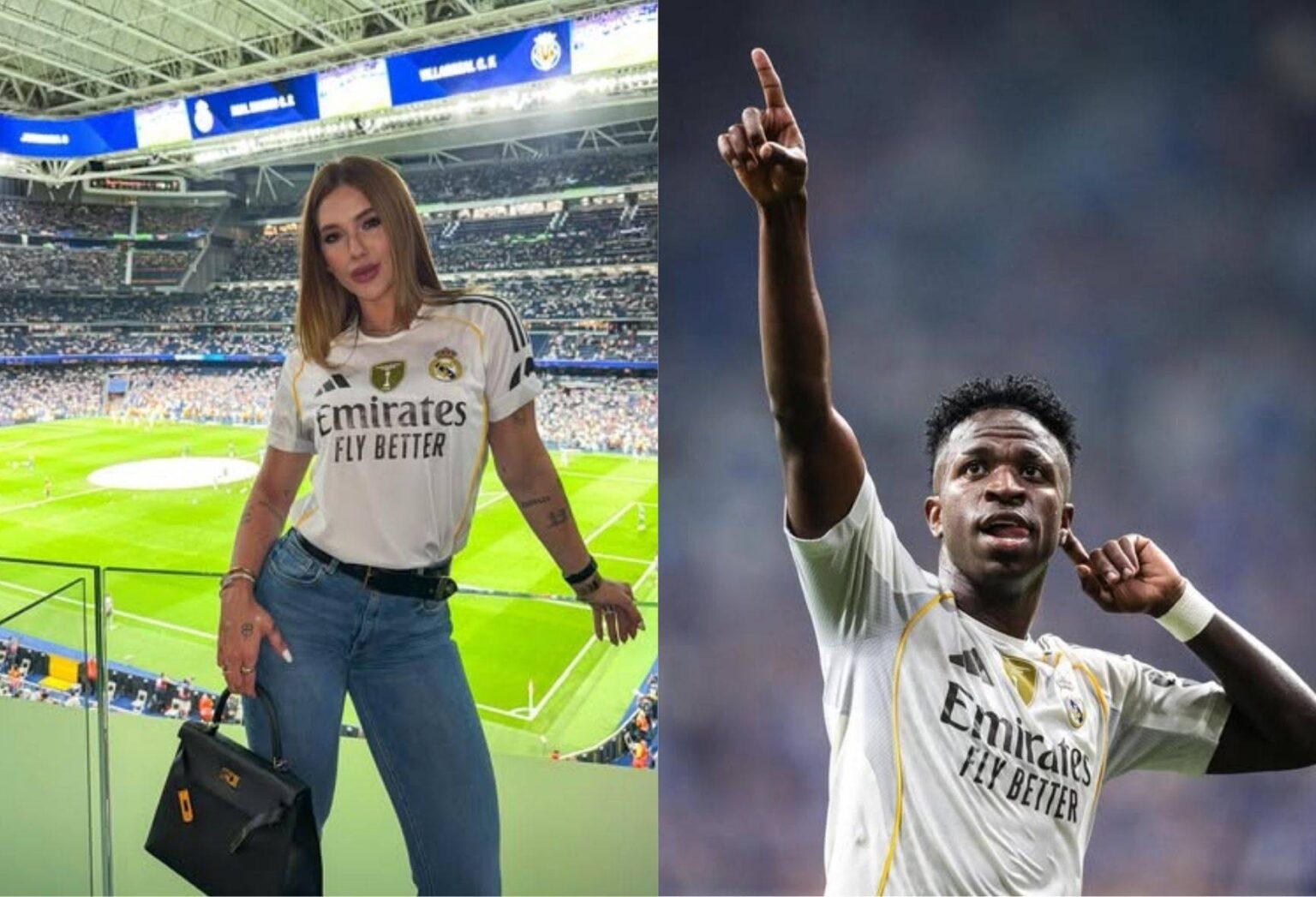 Virginia Fonseca posa no estádio usando a camisa do Real Madrid, enquanto Vini Jr. comemora em campo durante partida pelo clube espanhol.