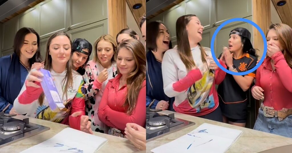 Ana Castela e grupo de amigas reagem com surpresa e risadas após resultado positivo de teste de gravidez em vídeo gravado na cozinha