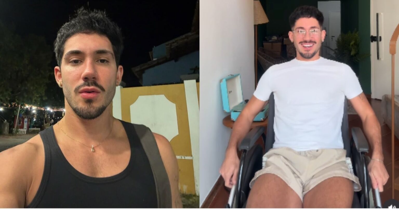 Após ser baleado no Rio, Vittor Fernando critica teorias: ‘Isso machuca’ Montagem com duas fotos de Vittor Fernando: à esquerda, ele aparece em um ambiente externo à noite usando regata preta; à direita, surge sentado em uma cadeira de rodas, sorrindo, vestindo camiseta branca e shorts claros.