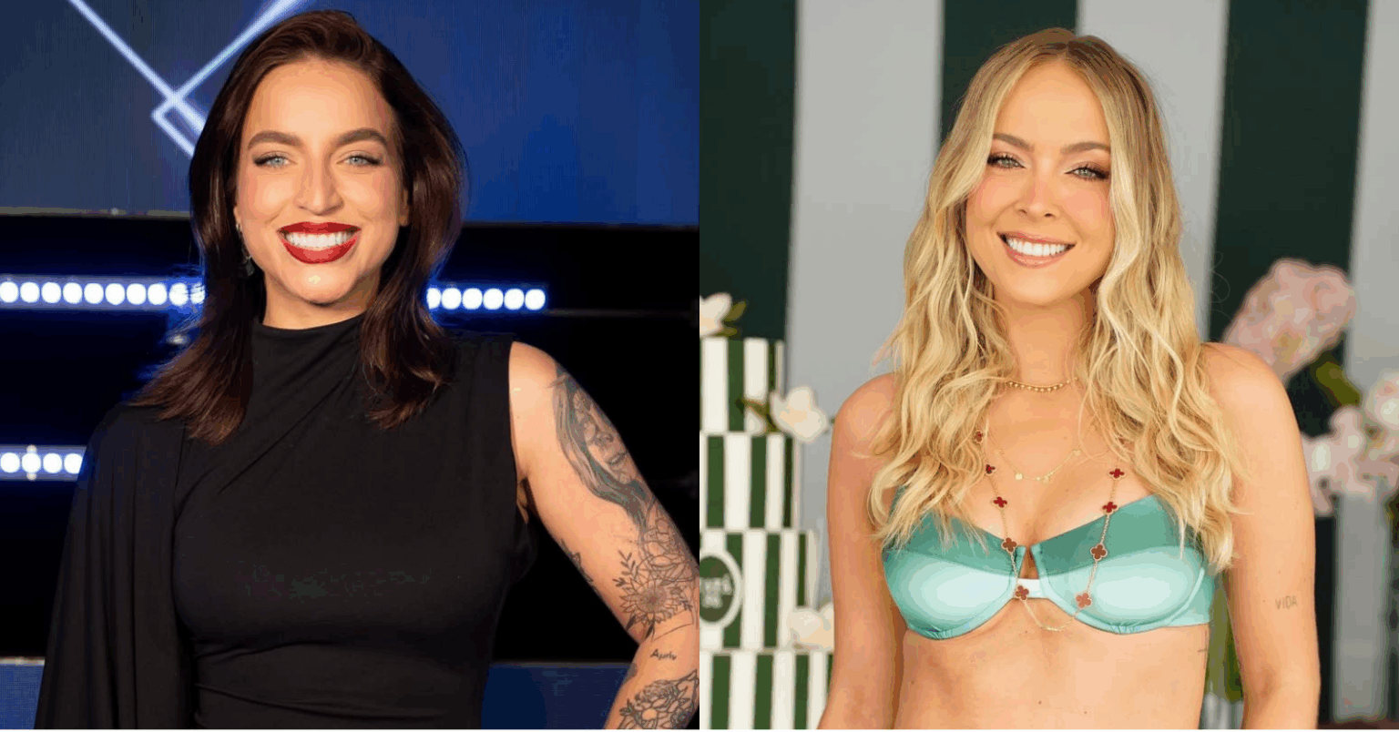 Boo Unzueta expõe fim da amizade com Tata Estaniecki; saiba detalhes Imagem de Boo Unzueta e Tata Estaniecki lado a lado: Boo aparece de vestido preto com batom vermelho e tatuagens visíveis no braço; Tata posa com top verde-claro, cabelo loiro ondulado e expressão sorridente.