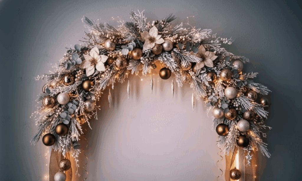 Decoração de Natal 2025: inspirações e tudo o que você precisa saber para este ano Arco sofisticado feito com galhos nevados, flores, laços dourados e bolas metálicas, representando tendências elegantes de decoração de Natal 2025.