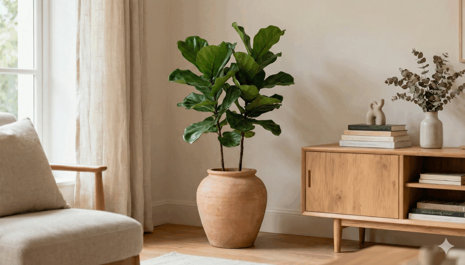 Sala de estar decorada em estilo minimalista, com um vaso de barro contendo uma planta verde, usada para ilustrar dicas de cuidados com a Zamioculca.