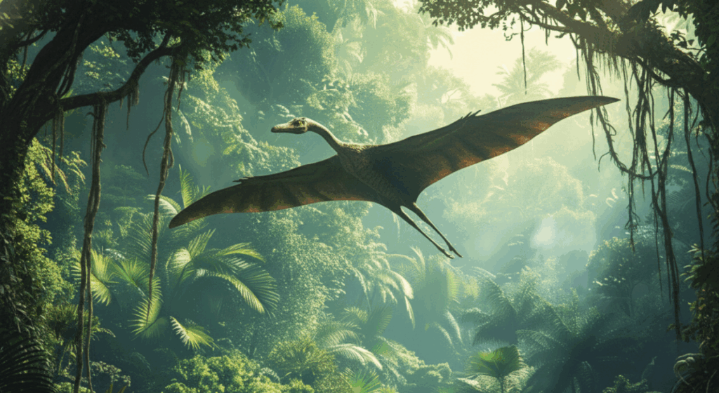 Cientistas identificam vestígios de dinossauros na Amazônia pela primeira vez Um grande réptil alado pré-histórico sobrevoa uma densa floresta tropical iluminada pelo sol, com asas abertas e vegetação exuberante ao redor.