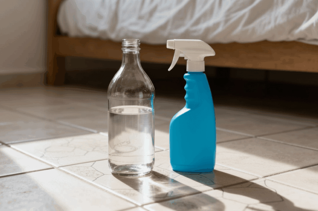 Frascos com soluções de limpeza sobre o piso iluminado pelo sol, incluindo uma garrafa transparente e um borrifador azul, representando usos domésticos do vinagre.