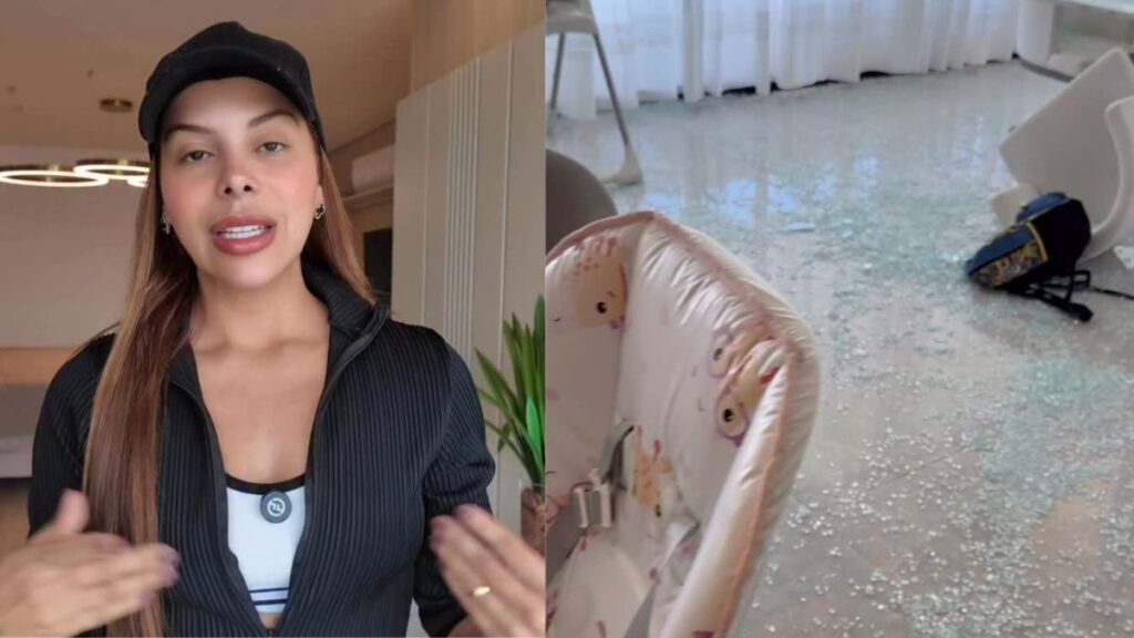 Influencer se desespera após vidro despencar da sacada de casa: ‘Livramento’ Evelyn Regly se desespera após vidro despencar da sacada de casa: “Livramento”