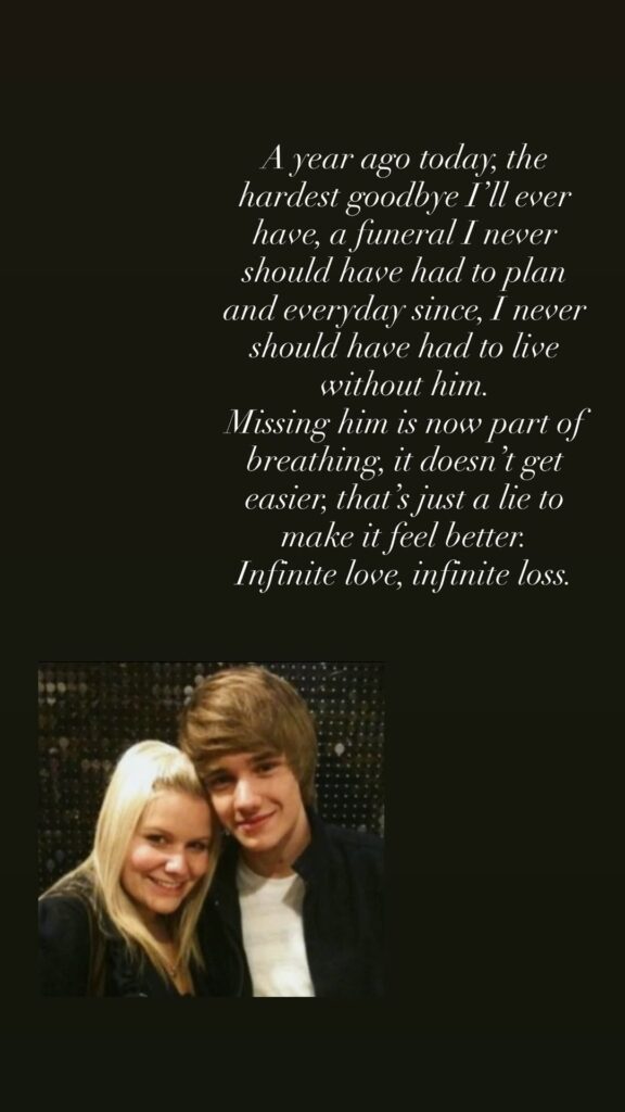 Homenagem de Ruth Gibbins a Liam Payne com texto sobre luto e foto antiga dos dois juntos