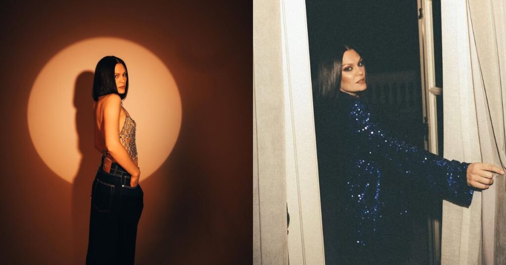 Jessie J desabafa sobre câncer de mama: ‘mudou o meu mundo’ Montagem com duas fotos da cantora Jessie J. À esquerda, ela aparece de perfil, com cabelos lisos e curtos, usando top brilhante e calça escura sob iluminação alaranjada. À direita, Jessie J está em ambiente noturno, com casaco azul de paetês e expressão séria, destacando um clima elegante e artístico.