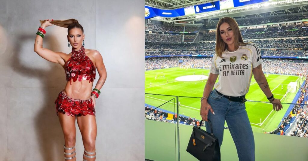 Montagem com duas fotos de Virgínia Fonseca. À esquerda, ela aparece com um conjunto vermelho brilhante, posando com o cabelo preso e expressão confiante. À direita, está em um estádio de futebol, usando camisa do Real Madrid, calça jeans e bolsa preta, com o campo e a torcida ao fundo.