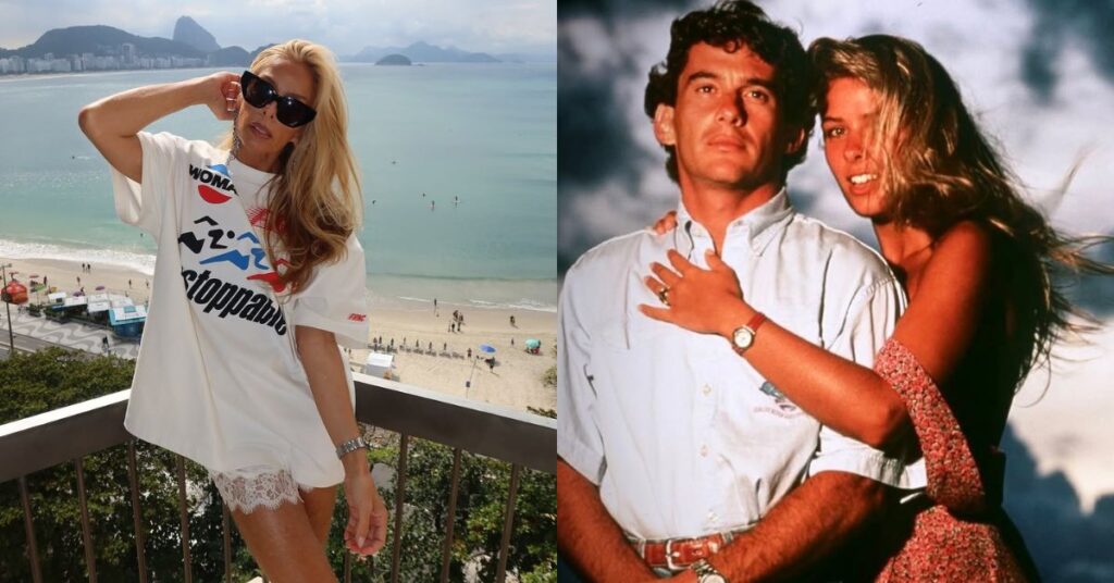 Montagem com duas fotos de Adriane Galisteu e Ayrton Senna. À esquerda, Adriane aparece em uma varanda de frente para a praia, usando camiseta branca larga e óculos escuros. À direita, imagem antiga mostra o casal abraçado, ambos olhando para frente, em um retrato marcante do relacionamento entre Galisteu e o piloto Ayrton Senna.