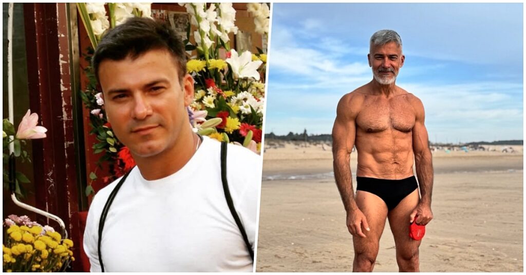 Leonardo Vieira posta foto de sunga e ganha elogios de fãs: ‘Sempre lindo’ Leonardo Vieira em montagem com fotos de antes e depois, mostrando o ator jovem e atualmente em praia de Portugal ao lado de sua cachorrinha
