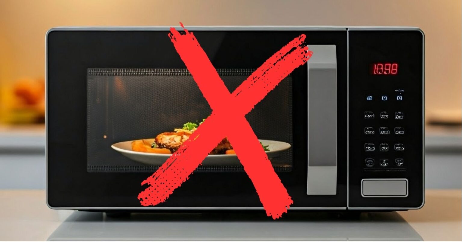 Imagem de um micro-ondas tradicional com um grande X vermelho sobre a porta, simbolizando a substituição do aparelho por tecnologias mais modernas.