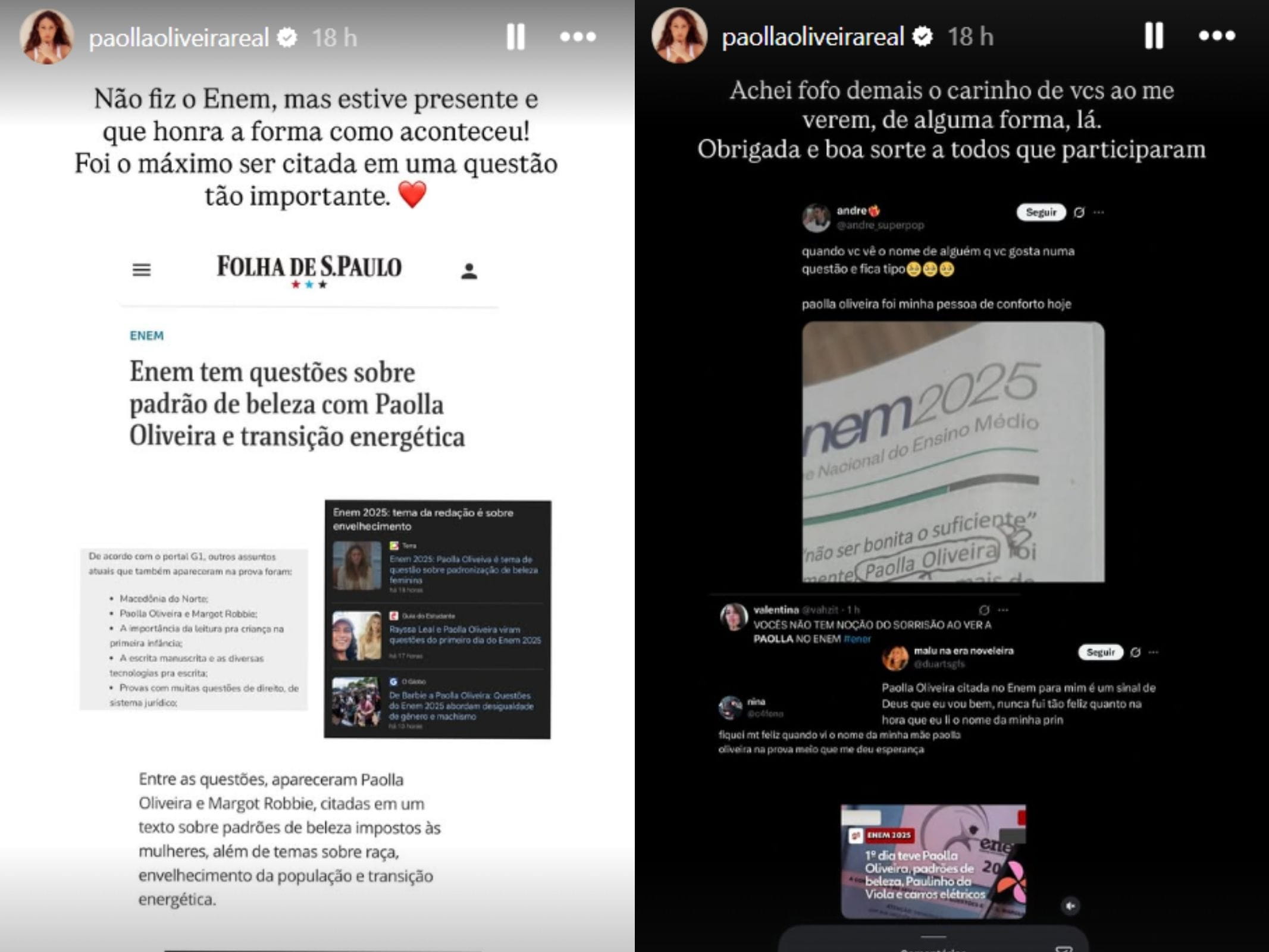 Paolla Oliveira celebra citação no Enem 2025: 'Foi o máximo' 1 Paolla Oliveira compartilha em seus Stories publicações e reações de internautas após ser citada em questão do Enem 2025 sobre padrões de beleza feminina.