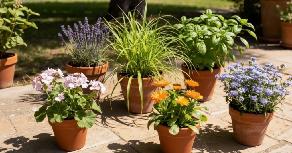 Plantas que afastam mosquitos em vasos de barro, incluindo lavanda, manjericão, citronela, calêndula e outras espécies cultivadas ao ar livre.