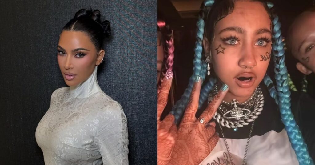 Kim Kardashian posa com look branco elegante ao lado da filha North West, que exibe tranças coloridas, tatuagens falsas e piercings em vídeo de Halloween.