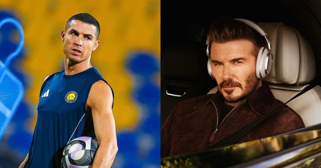 Cristiano Ronaldo e David Beckham em imagens lado a lado; o português aparece com uniforme de treino do Al-Nassr, enquanto o britânico posa usando fones de ouvido em um carro.