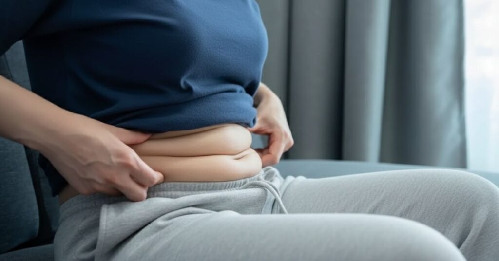 Estudo revela que incluir esta fruta na rotina diária favorece a perda de gordura abdominal Pessoa sentada segurando a barriga com acúmulo de gordura abdominal.