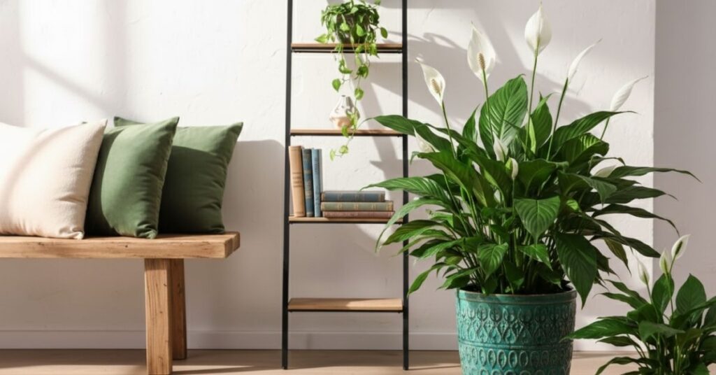 3 plantas e cristais que ajudam a bloquear inveja e mau-olhado dentro de casa Plantas decorativas em ambiente interno iluminado, incluindo um lírio da paz ao lado de estante e banco de madeira, representando harmonia no lar