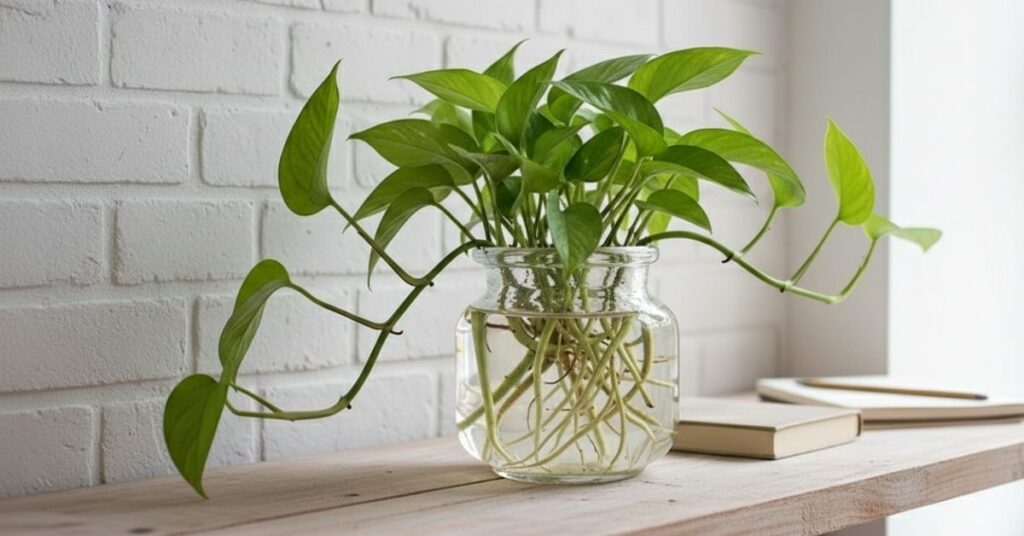 Planta cultivada em um vaso de vidro com raízes submersas em água sobre uma superfície de madeira próxima a uma parede branca.