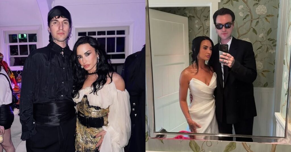Demi Lovato diz que marido foi essencial em fase de depressão profunda Demi Lovato aparece ao lado do marido, Jutes, em dois registros publicados no Instagram, um em festa temática e outro antes do casamento