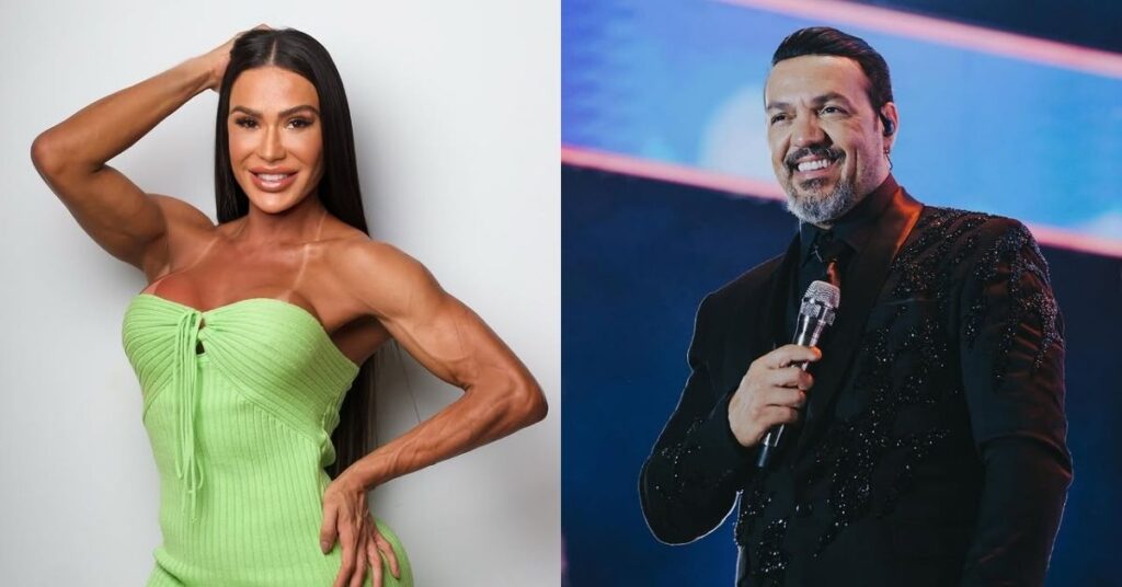 Gracyanne Barbosa sobre divórcio de Belo: ‘estou em paz’; veja Montagem com Gracyanne Barbosa posando de vestido verde e Belo segurando um microfone durante apresentação ao vivo