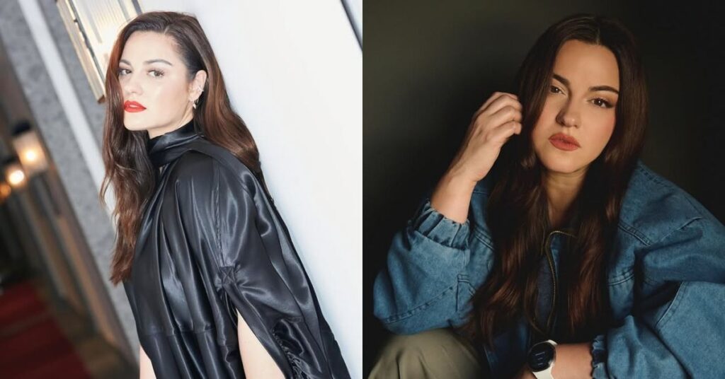 Montagem com duas fotos de Maite Perroni; à esquerda, a atriz aparece com batom vermelho e vestido preto brilhante posando de lado em um corredor iluminado; à direita, surge em clima mais casual, usando jaqueta jeans e olhando para a câmera com expressão séria.
