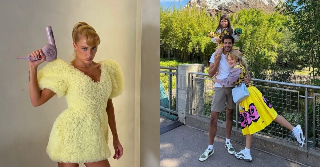 Colagem mostra Malu Borges posando com vestido amarelo e segurando um secador na primeira foto, enquanto na segunda aparece abraçada ao marido e à filha durante passeio ao ar livre.