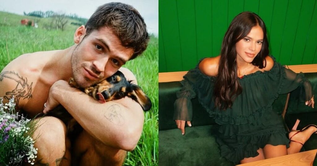 Montagem com João Guilherme posando ao ar livre com um cachorro e Bruna Marquezine sentada em sofá verde.