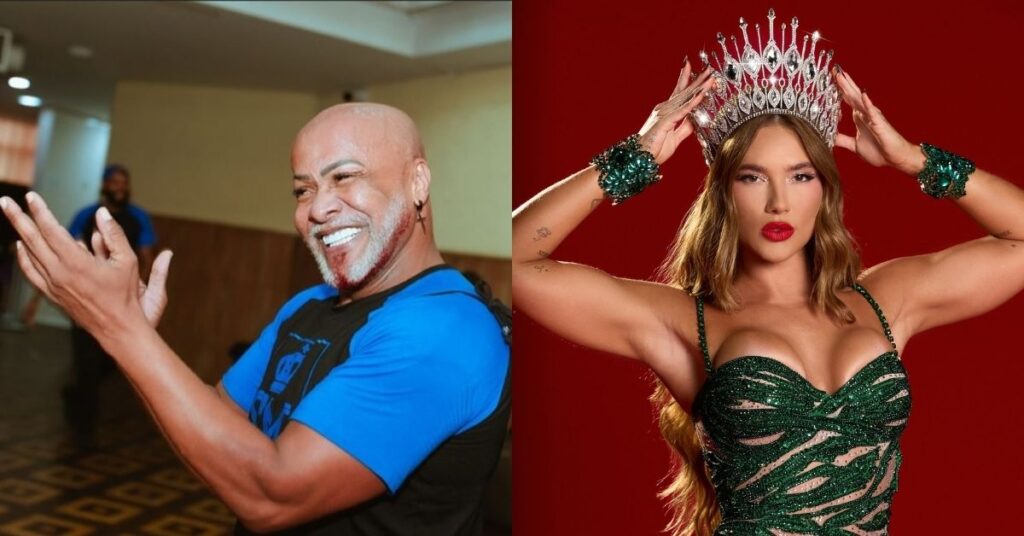 Carlinhos Salgueiro sorri durante ensaio enquanto Virginia Fonseca posa com coroa em look verde de Rainha de Bateria