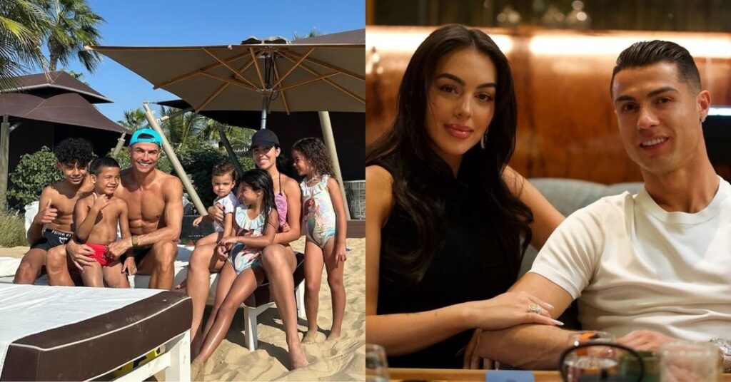 Família de Cristiano Ronaldo reunida em praia durante viagem e, ao lado, o jogador sentado ao lado de Georgina Rodríguez em ambiente interno
