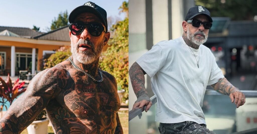 Chef Henrique Fogaça impressiona fãs ao contar como perdeu 17 kg Colagem de duas fotos recentes de Henrique Fogaça, uma sem camisa exibindo tatuagens e outra com camiseta branca, óculos escuros e boné, após mudança física.