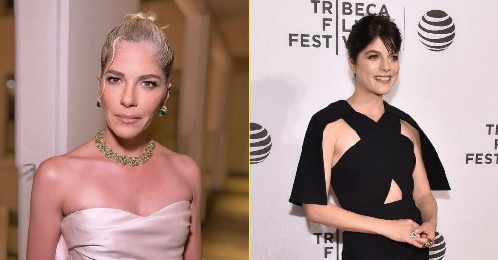 Selma Blair aparece em duas fotos lado a lado, usando looks distintos em eventos, sorrindo e posando para a câmera