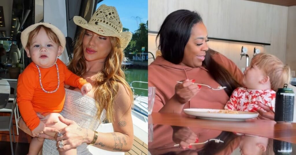Montagem mostra Virginia Fonseca posando com José Leonardo em um barco e, ao lado, Fernanda Cristina alimentando o bebê durante momento em família