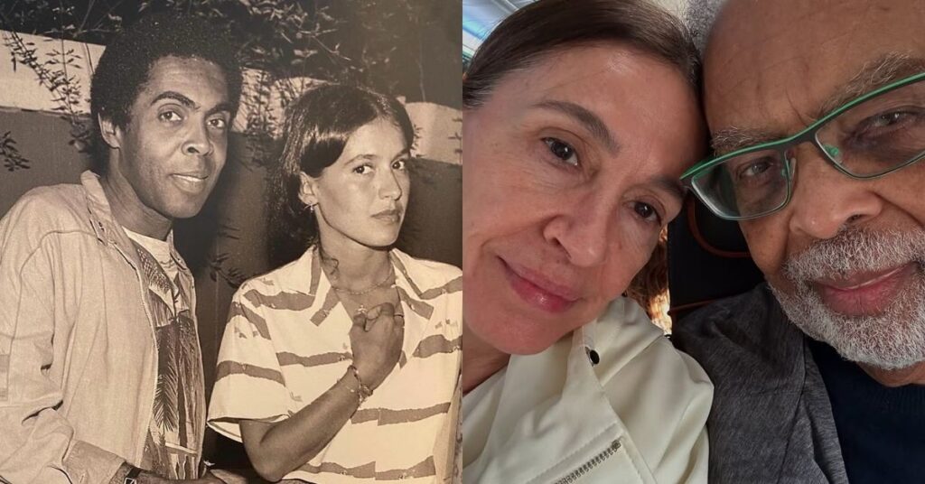 Flora Gil e Gilberto Gil lado a lado em duas fotos, uma antiga em preto e branco e outra atual, mostrando o casal ao longo dos anos.