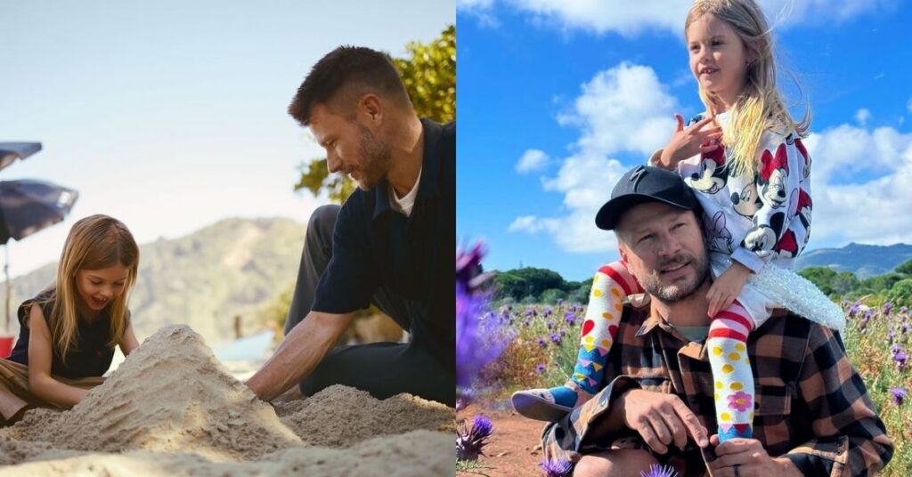 Rodrigo Hilbert se comove com desabafo da filha de 6 anos; entenda Rodrigo Hilbert em momentos de lazer com a filha Maria Manoela, brincando na areia e em um campo florido.