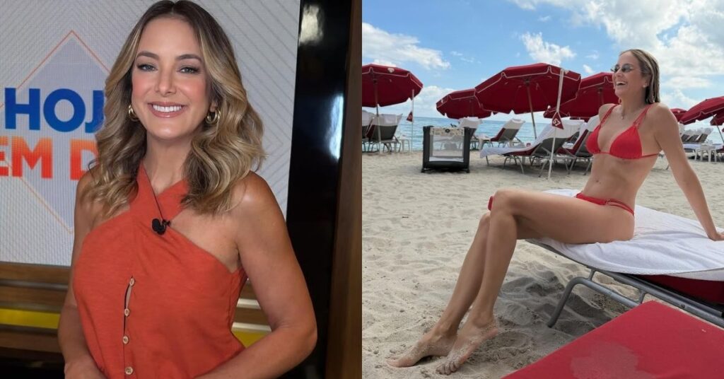 Ticiane Pinheiro posa sorridente de biquíni vermelho em praia de Miami durante as férias.