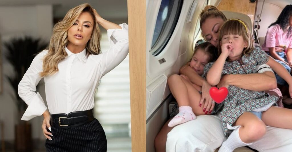 Poliana Rocha em ensaio e com as netas em avião