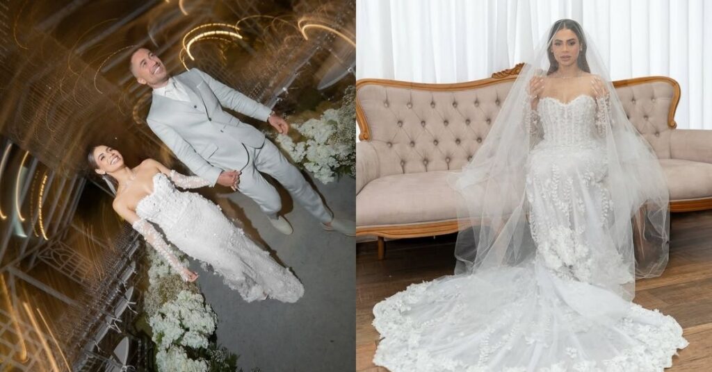 Lexa e Ricardo Vianna durante a cerimônia de casamento; à direita, a cantora posa com vestido tomara que caia de renda e véu longo antes da celebração.