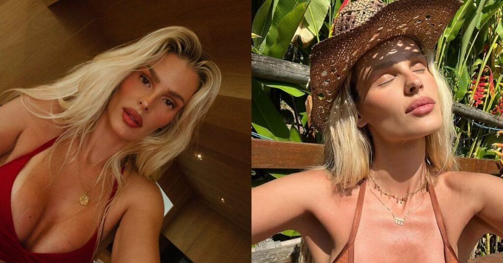 Yasmin Brunet aparece em fotos ensolaradas, usando biquíni e chapéu de palha, aproveitando o dia ao ar livre.