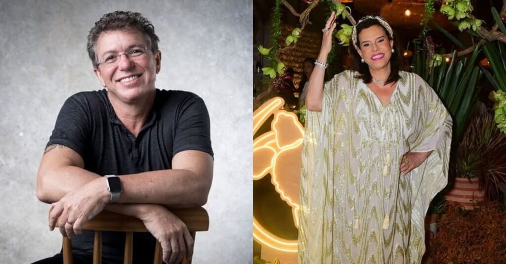 Boninho e Narcisa Tamborindeguy aparecem em registros separados, ele sentado e sorridente, ela posando com look dourado em evento decorado.